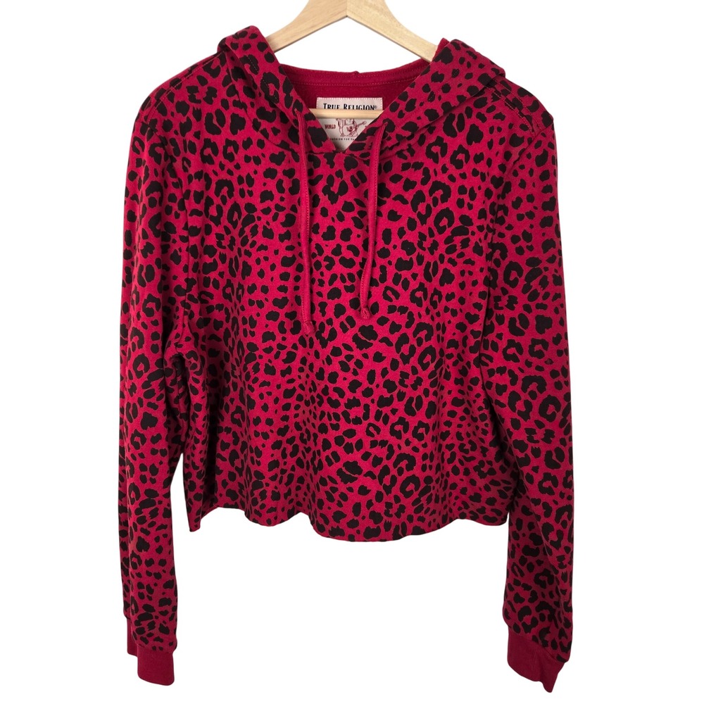 True Religion Leopard Hoodie Redโ Black Womens XL Pullover Cropped Grunge Punk